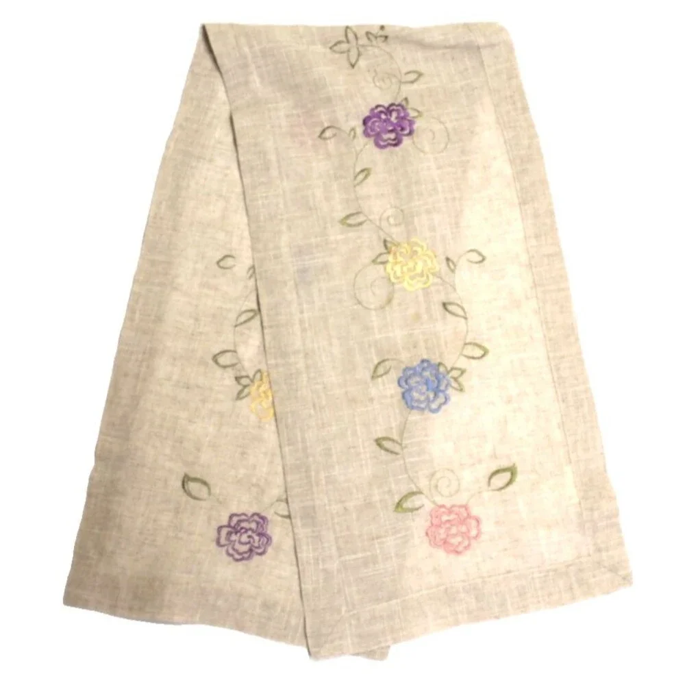 Natural Linen Taupe Embroidered Cutwork Floral Table Runner 13